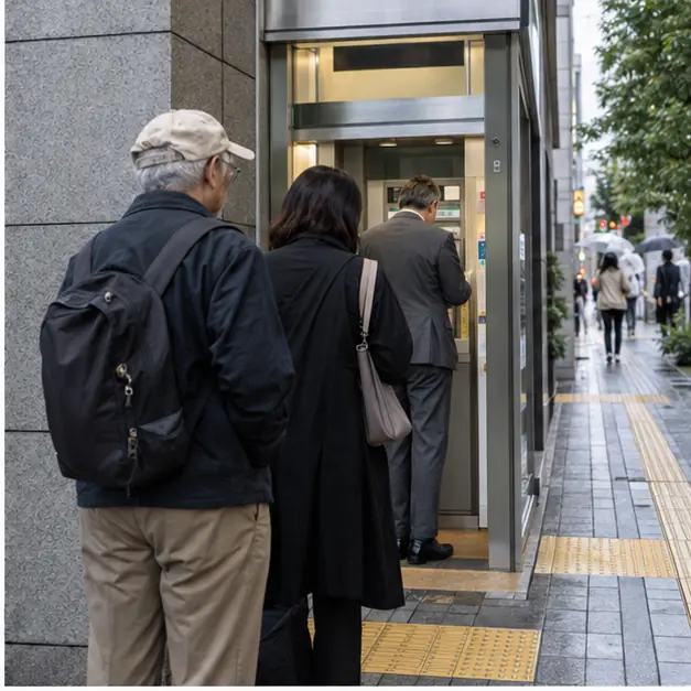 ATMの順番を待つ利用者